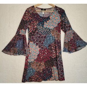 MSK Petite Womens‎ Mini Dress Paisley Bell Sleeves Made in USA Boho Medium 0188